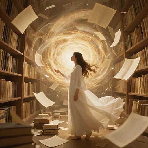 Photograph-like digital art: A woman in a flowing white gown stands in a library, surrounded by swirling papers and books, with a radiant golden vortex