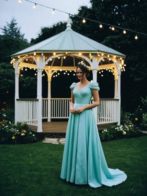 Woman in Blue Evening Gown by Garden Gazebo