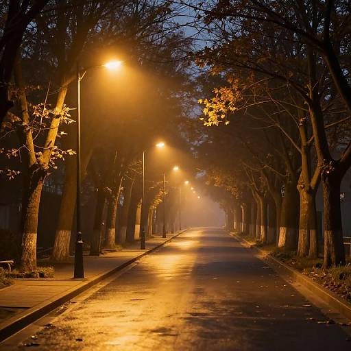 Photograph of a dimly lit, empty street at night, lined with tall, leafless trees and glowing yellow streetlights, creating a warm,