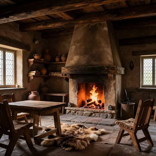 Cozy, rustic wooden cabin with roaring fireplace, wooden table, chairs, fur rug, pottery on shelves, and sunlight through stained glass windows.