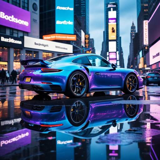 Blue Porsche sports car in city nightlife