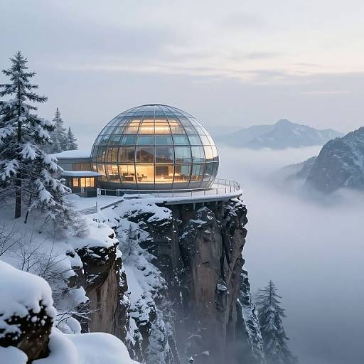 Futuristic Glass Dome on Snowy Cliff