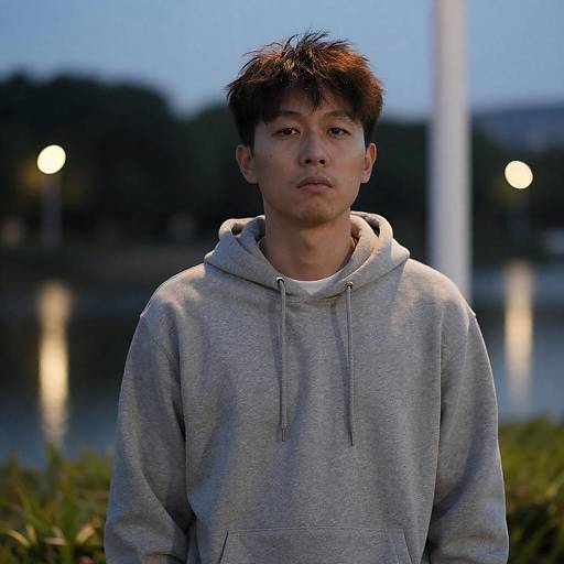 Asian Man in Gray Hoodie Standing Outdoors at Dusk