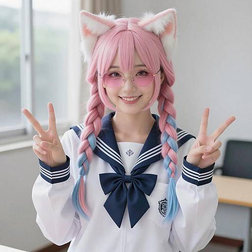Smiling Woman in Sailor Uniform with Cat Ears