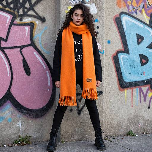Photograph of a young woman with curly brown hair, wearing an orange scarf, black top, and black pants, standing against a graffiti-covered concrete wall