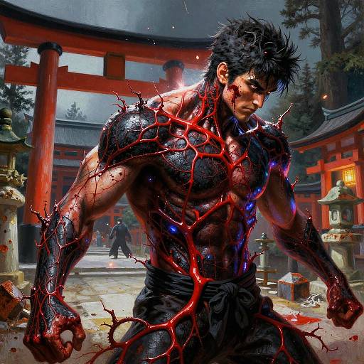 Neon Veined Fighter at Shinto Shrine