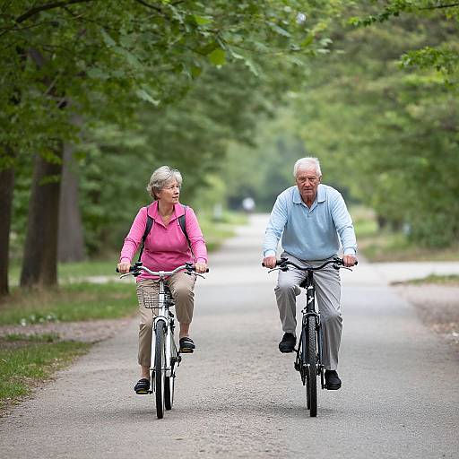 Photograph of an elderly couple with gray hair, riding bicycles on a tree-lined path. Woman in pink jacket, man in blue shirt.