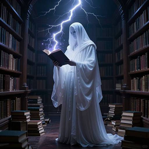 Mysterious white-robed figure with glowing eyes reads book amidst lightning bolts in a dimly lit, book-filled library. Digital art.