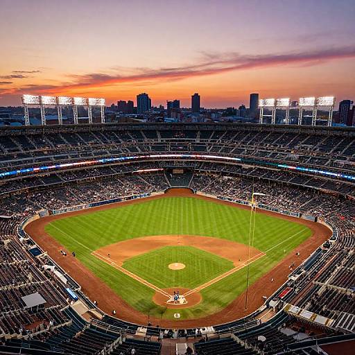 Aerial photograph of a packed baseball stadium at sunset, showcasing a vibrant green field, red dirt infield, and city skyline in the background.