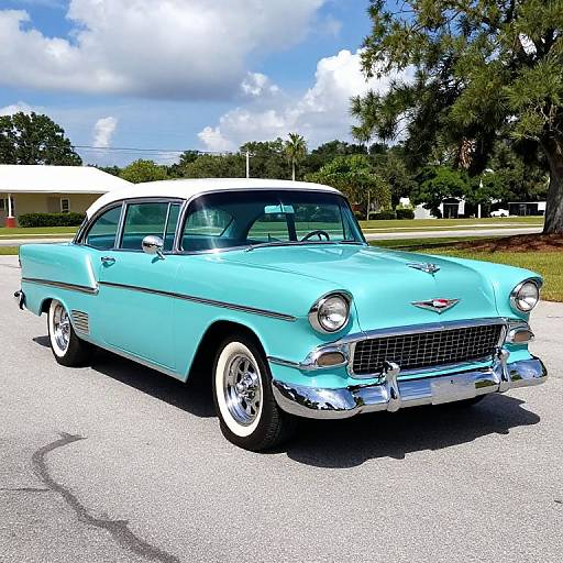 Photograph of a shiny, turquoise vintage 1960s sedan with chrome accents, white-walled tires, parked on a sunny, tree-lined suburban