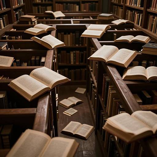 Photograph of a library aisle with open, illuminated books resting on dark wooden reading desks, surrounded by tall bookshelves.