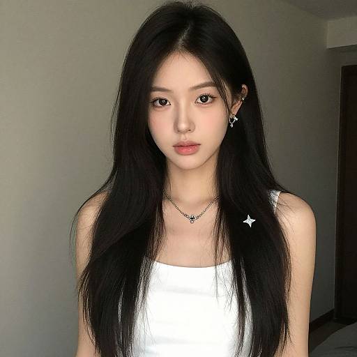 Photograph of an East Asian woman with long black hair, wearing a white tank top, silver necklace, and star-shaped earrings, standing against a plain