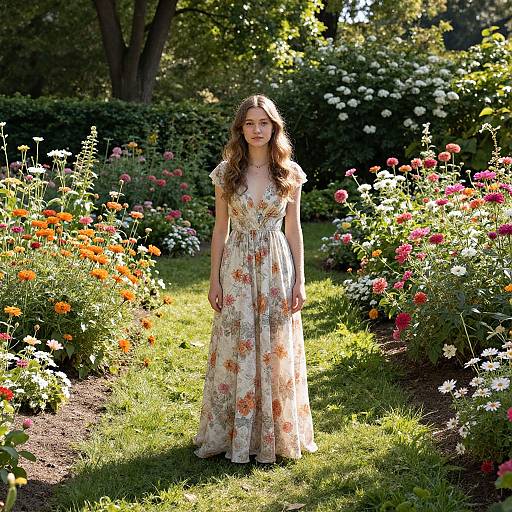 Confident Woman in Vibrant Flower Garden