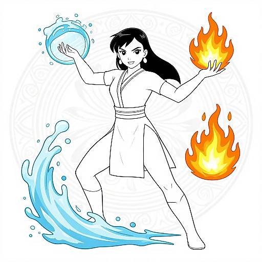 Digital drawing of a confident, black-haired woman in a kimono, conjuring water in her left hand and fire in her right.