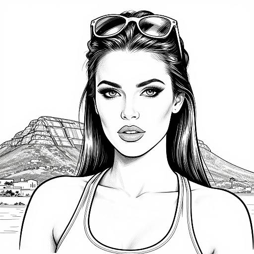 Black-and-white digital drawing of a confident woman with long dark hair, sunglasses on head, wearing a tank top, mountains in background.