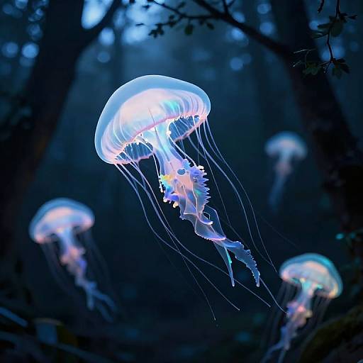 Iridescent Jellyfish in Twilight Forest
