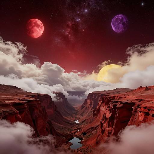 Digital artwork of a surreal red canyon landscape with a winding river, under a starry sky with red, purple, and yellow planets. Clouds surround