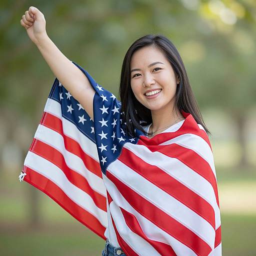 Photograph of a smiling Asian woman with long black hair, wearing an American flag shawl, raising her right arm outdoors.