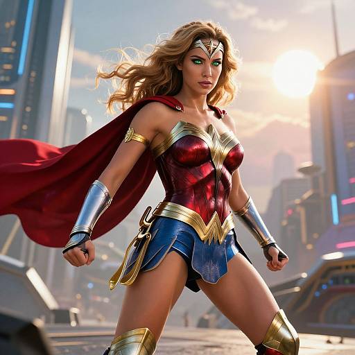 Digital artwork of Wonder Woman standing confidently in a futuristic city, wearing her iconic red and gold armor, blue skirt, and red cape, with sunlight and