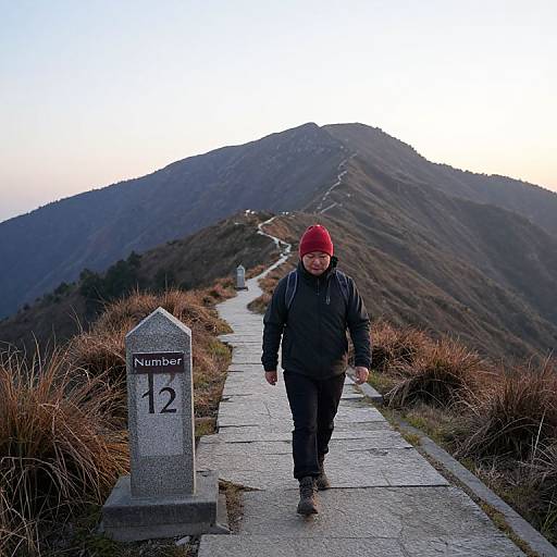 Photograph of a hiker in a red beanie and black jacket walking on a mountain trail with a Nuistat marker post, winding path,