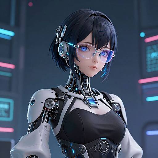 CGI image of a cybernetic woman with blue eyes, black bob haircut, glasses, and futuristic armor, set in a neon-lit sci