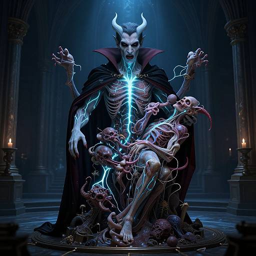 Digital artwork of a horned, glowing-eyed demon with a black cloak, sitting amidst a chaotic mass of writhing, skeletal creatures in a dark