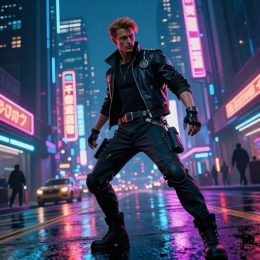 Photograph-style digital art of a muscular, blonde man in black leather jacket and pants, standing confidently in a neon-lit, rainy city street,