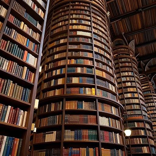 Photograph of a grand library with towering, cylindrical bookshelves filled with colorful books, illuminated by soft, warm lighting.