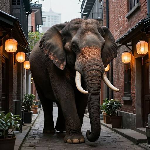 Photograph of a large, gray elephant with long white tusks walking down a narrow, cobblestone alley with brick buildings and glowing orange lanterns