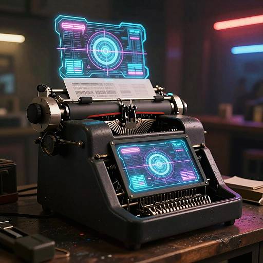 Photograph of a vintage typewriter with two neon blue holographic screens displaying circuit diagrams, set against a dimly lit, neon-lit background.