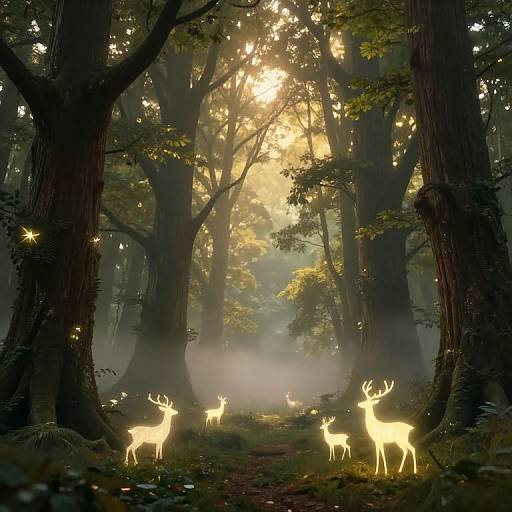 Photograph of a magical forest with glowing white deer lanterns, sunlight filtering through tall trees, mist, and twinkling fairy lights.