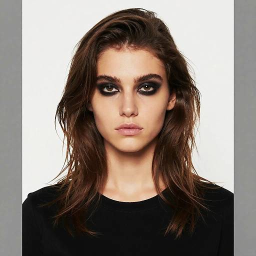 Photograph of a young woman with long, wavy brown hair, intense black eye makeup, pale skin, and a neutral expression, wearing a black