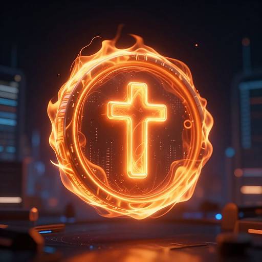 Digital CGI of a glowing orange cross encircled by fiery flames against a dark, futuristic cityscape background with blurred blue lights.