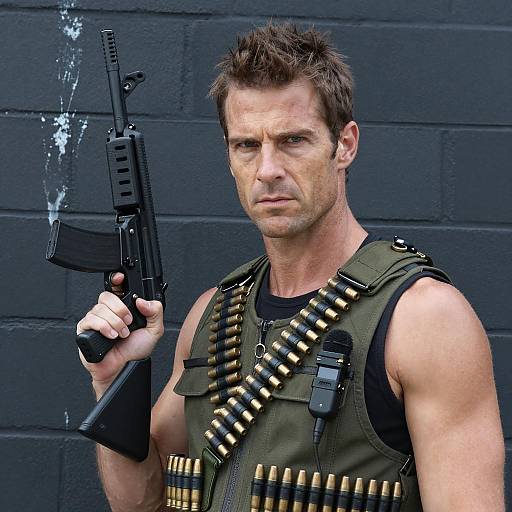 Intense Man with Rifle in Dark Setting