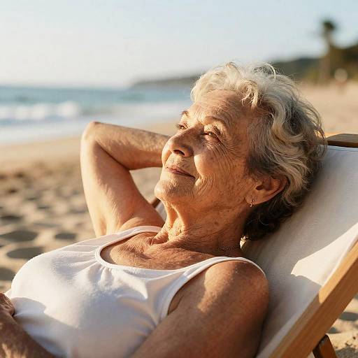 Elderly Woman Relaxing on Sunny Beach