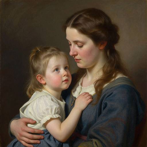 Photorealistic painting of a young mother with fair skin and brown hair, gently holding her blonde-haired toddler, both wearing soft, vintage clothing, against