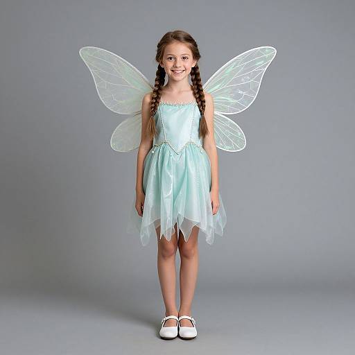 Photograph of a young girl with long brown braids, wearing a light blue fairy dress and transparent wings, standing against a gray background, smiling,
