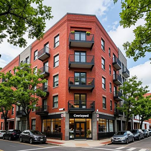 Photograph of a corner, three-story, red-brick apartment building with black balconies, 