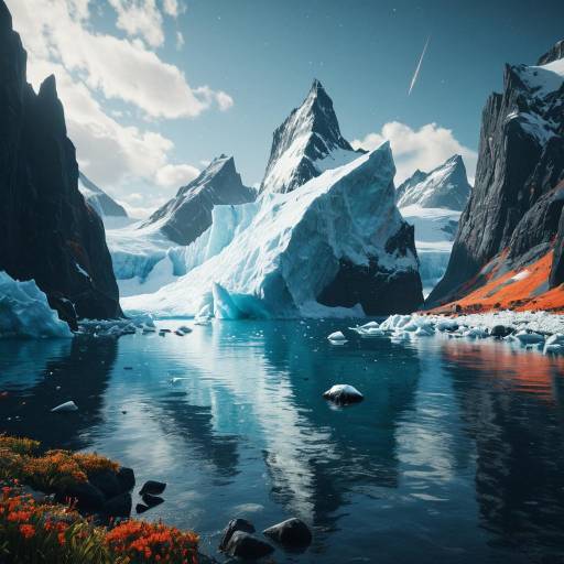 Vibrant Iceberg Bay with Mountain Peaks and Flowers