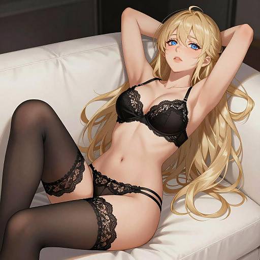 Blonde Anime Woman in Black Lingerie
