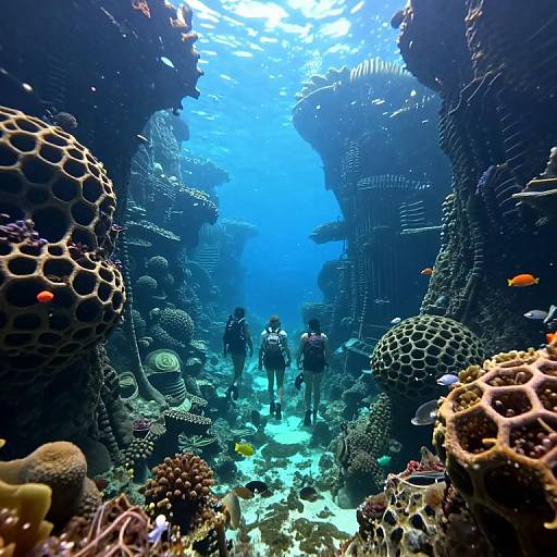 Photograph of an underwater cave with bioluminescent blue light, surrounded by intricate, hexagonal coral formations and colorful fish, with two scuba