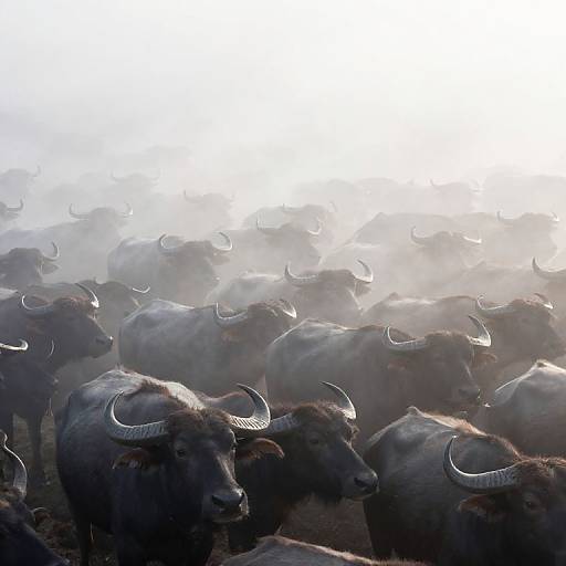 Photograph of a dense herd of dark gray, horned cattle with misty, sunlit background, creating a dramatic, ethereal atmosphere.