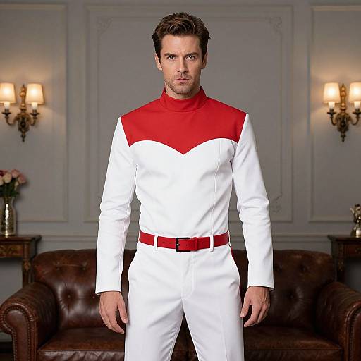 Photograph of a handsome man with short dark hair, wearing a white and red costume with a high-neck red panel, standing in an elegant, vintage