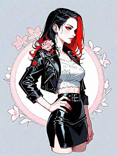 Edgy Woman in Black Leather Jacket and Skirt