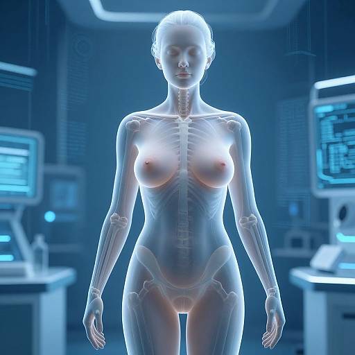 CGI image of a transparent, glowing female figure with visible internal organs, standing in a futuristic, blue-lit laboratory with monitors.