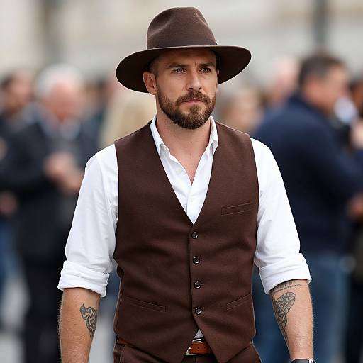 Bearded Man in Brown Outfit with Tattoos
