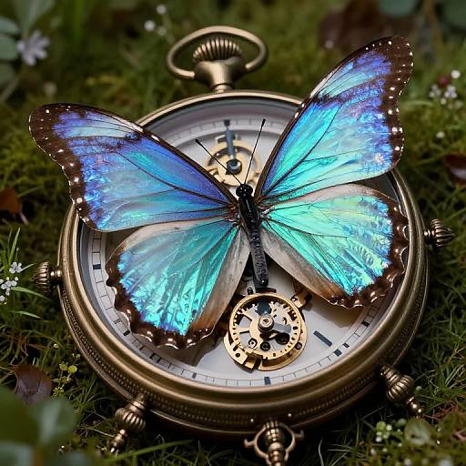 Photograph of a blue and black iridescent butterfly with glowing wings perched on a vintage brass compass, surrounded by lush green grass and small white