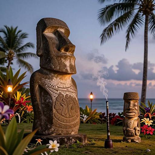 Moai Smoking Pipe Amid Tropical Dusk