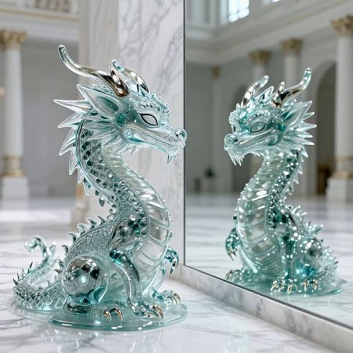 Photograph of a translucent, blue glass dragon sculpture with silver accents, sitting on a marble surface, reflected in a mirror.