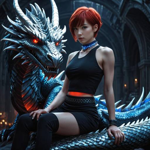 Young woman with red hair sitting on silver dragon
